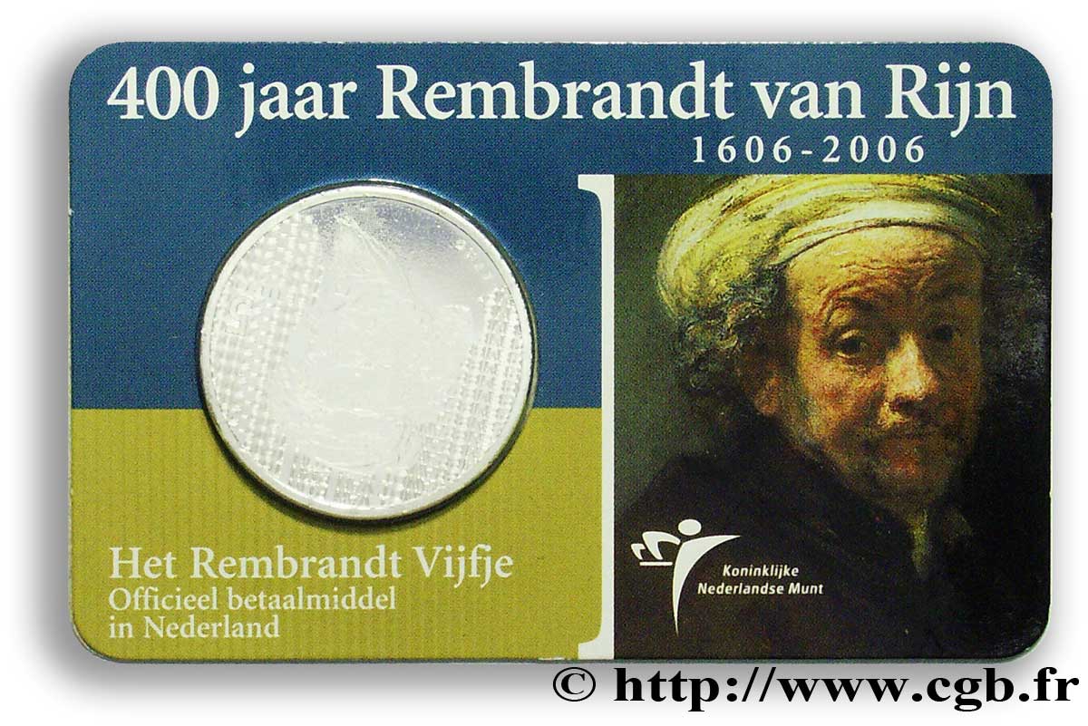NETHERLANDS Blister 5 Euro 400e ANNIVERSAIRE DE LA NAISSANCE DE REMBRANDT tranche A 2006 MS