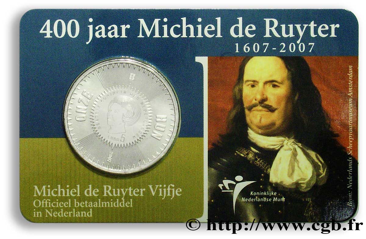 NETHERLANDS Blister 5 Euro 400e ANNIVERSAIRE DE LA NAISSANCE DE MICHEL DE RUYTER tranche A 2007 MS