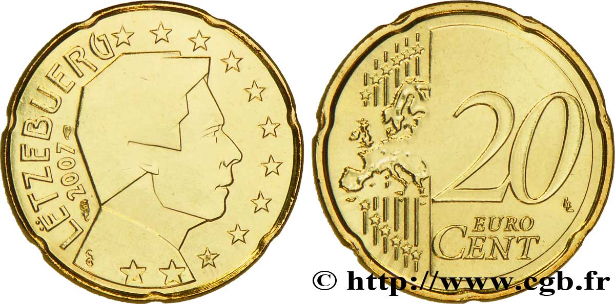LUXEMBOURG 20 Cent GRAND DUC HENRI 2007 MS63