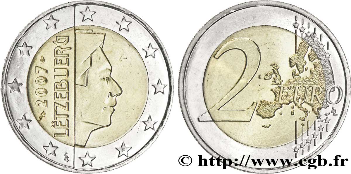 LUXEMBOURG 2 Euro GRAND DUC HENRI tranche B 2007 MS63