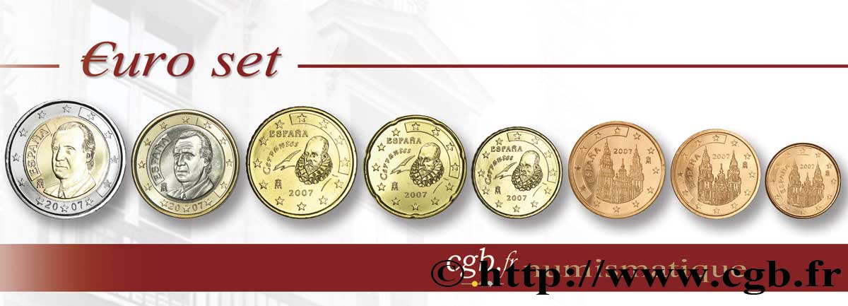 SPAIN LOT DE 8 PIÈCES EURO (1 Cent - 2 Euro Juan-Carlos I) 2007 MS63