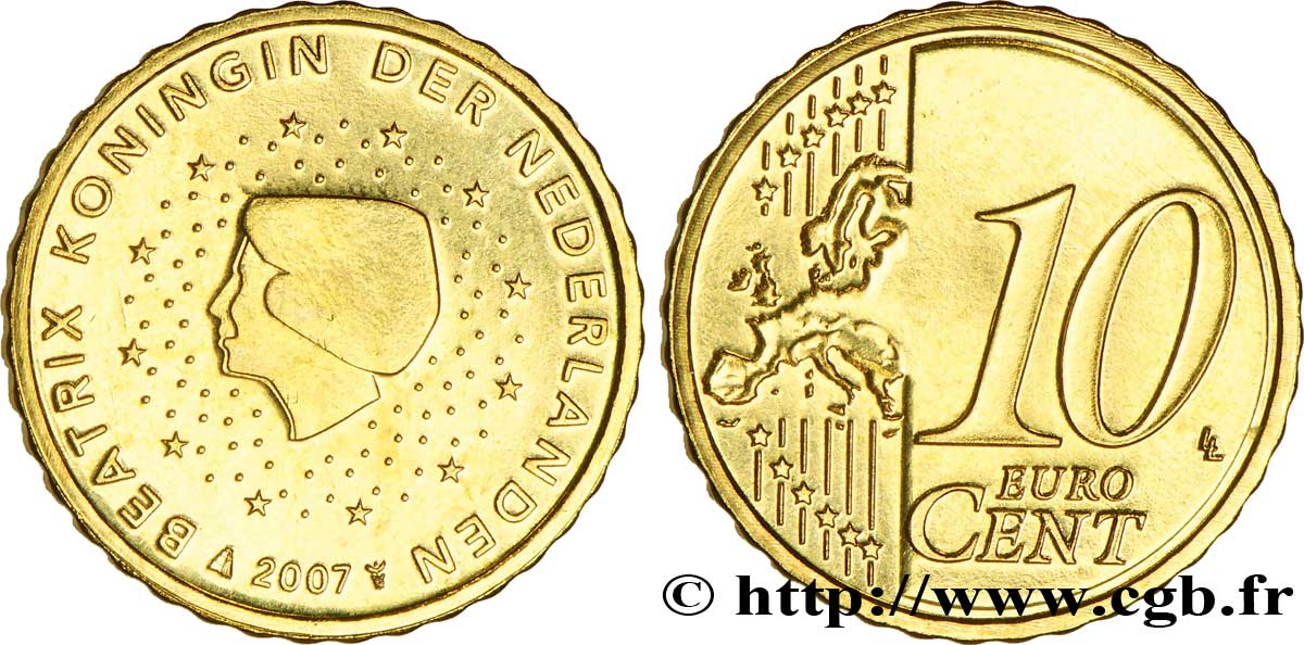 NETHERLANDS 10 Cent BEATRIX 2007 MS63