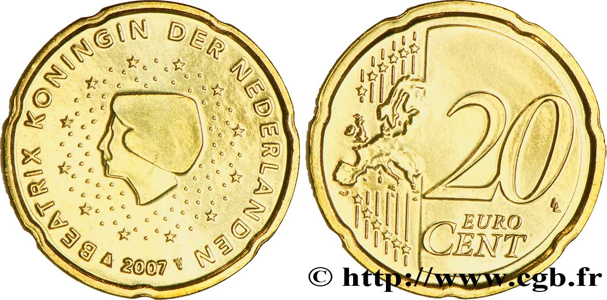 NETHERLANDS 20 Cent BEATRIX 2007 MS63