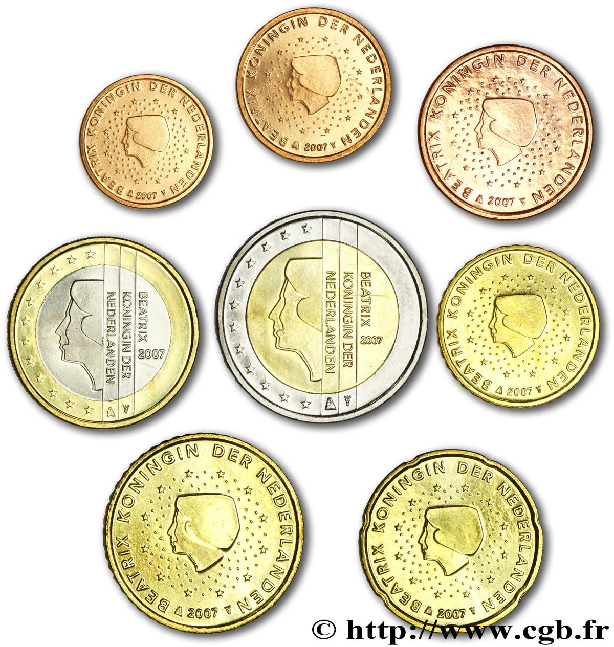 PAESI BASSI LOT DE 8 PIÈCES EURO (1 Cent - 2 Euro Beatrix) 2007 MS63