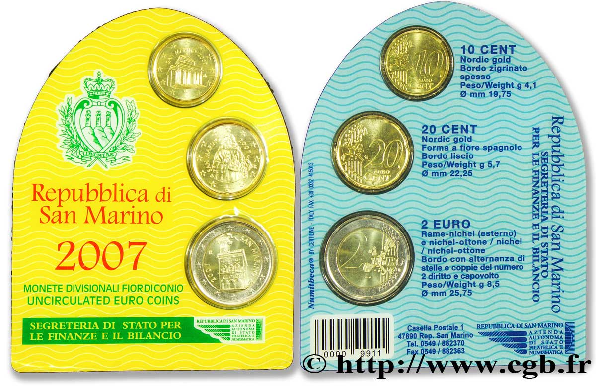 RÉPUBLIQUE DE SAINT- MARIN MINI-SÉRIE Euro BRILLANT UNIVERSEL 10 Cent, 20 Cent, 2 Euro 2007 BU