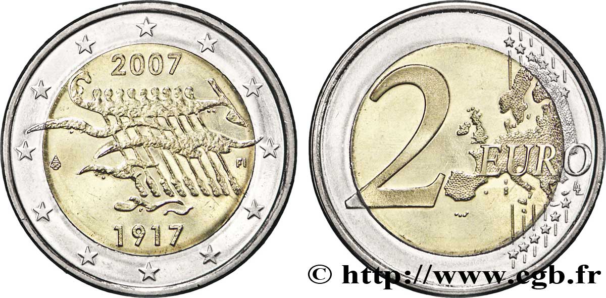 FINLANDIA 2 Euro 90ème ANNIVERSAIRE DE L’INDÉPENDANCE DE LA FINLANDE tranche A 2007 MS63