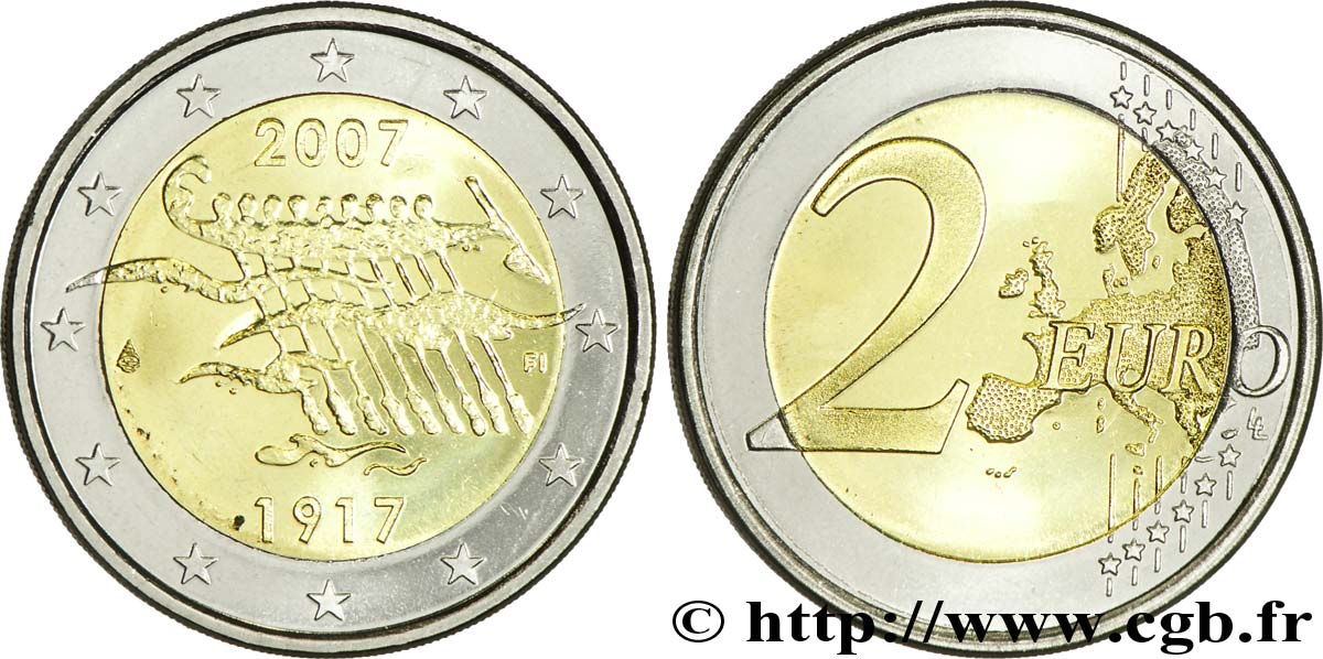 FINLAND 2 Euro 90ème ANNIVERSAIRE DE L’INDÉPENDANCE DE LA FINLANDE tranche B 2007 MS63