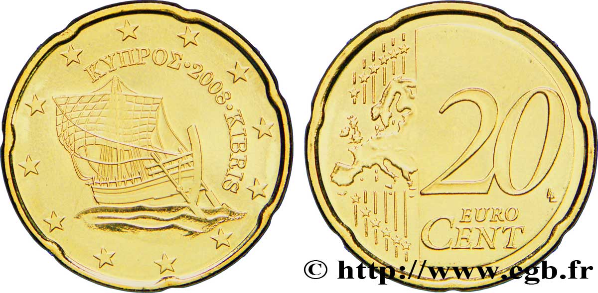 CYPRUS 20 Cent BATEAU DE KYRENIA 2008 MS63