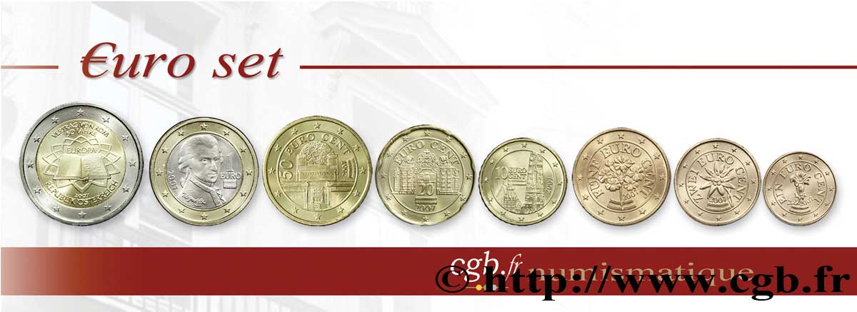 ÖSTERREICH LOT DE 8 PIÈCES EURO (1 Cent - 2 Euro Traité de Rome) 2007