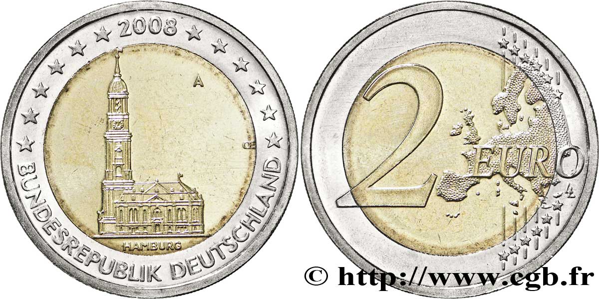 GERMANIA 2 Euro HAMBOURG - ÉGLISE SAINT-MICHEL tranche A - Berlin A 2008 MS63
