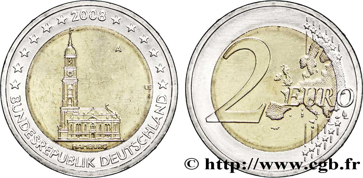 GERMANIA 2 Euro HAMBOURG - ÉGLISE SAINT-MICHEL tranche B - Berlin A 2008 MS63