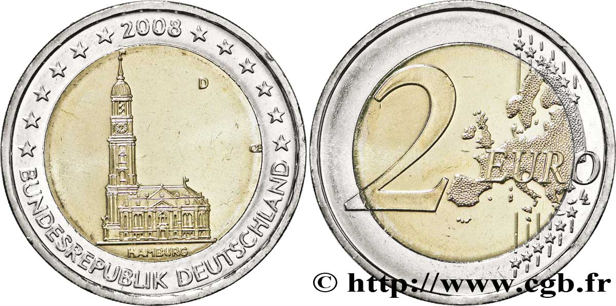 GERMANY 2 Euro HAMBOURG - ÉGLISE SAINT-MICHEL tranche A - Munich D 2008 MS63
