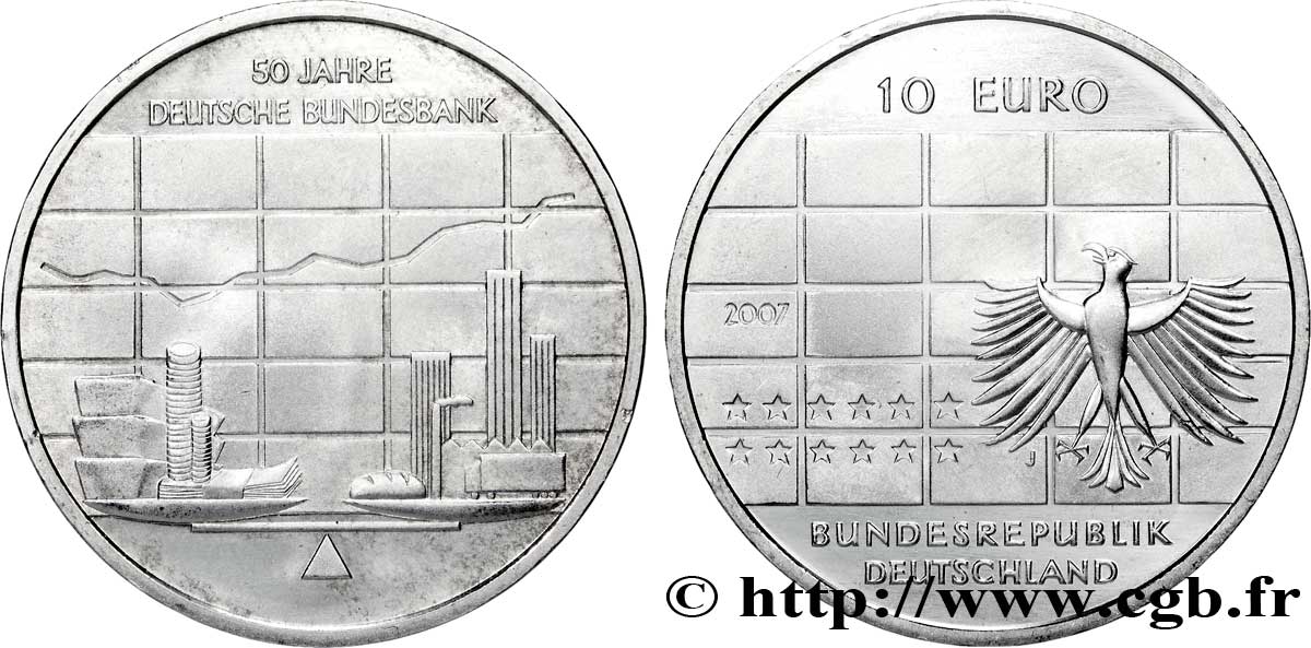GERMANIA 10 Euro CINQUANTENAIRE DE LA BANQUE FÉDÉRALE ALLEMANDE tranche A 2007 MS63
