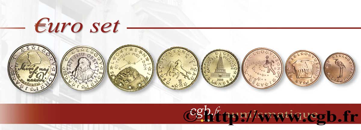 SLOWENIEN LOT DE 8 PIÈCES EURO (1 Cent - 2 Euro France Prešeren) 2008