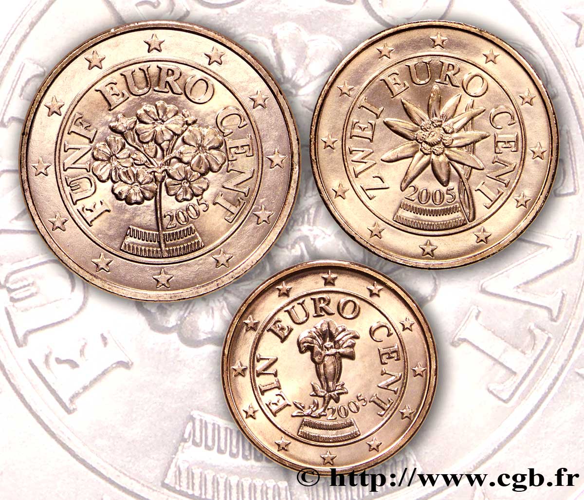 AUSTRIA LOT 1 Cent, 2 Cent, 5 Cent GENTIANE, EDELWEISS, PRIMEVÈRE 2005 MS63