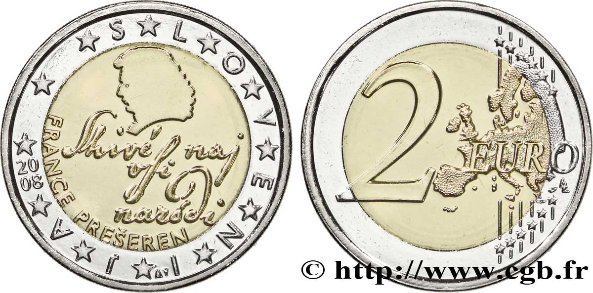 ESLOVENIA 2 Euro FRANCE PREŠEREN tranche A 2008 BU