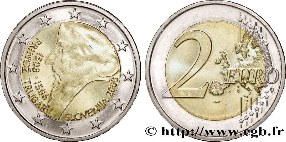 SLOVENIA 2 Euro 500ème ANNIVERSAIRE DE LA NAISSANCE DE PRIMOŽ TRUBAR tranche A 2008 MS63