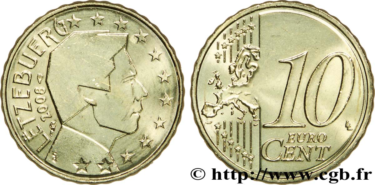 LUXEMBOURG 10 Cent GRAND DUC HENRI 2008 MS63