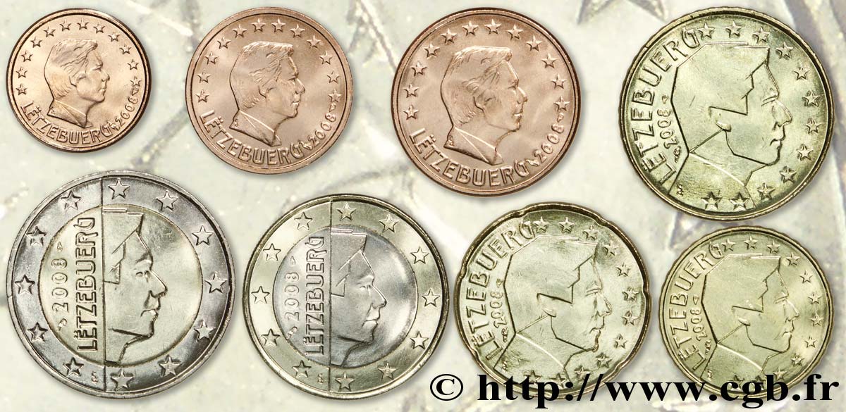LUSSEMBURGO LOT DE 8 PIÈCES EURO (1 Cent - 2 Euro Grand-Duc Henri) 2008 MS63