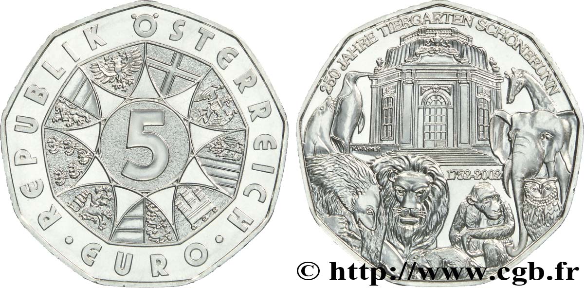 AUSTRIA 5 Euro 250ème ANNIVERSAIRE DU ZOO DE SCHÖNBRUNN (VIENNE) 2002 MS65