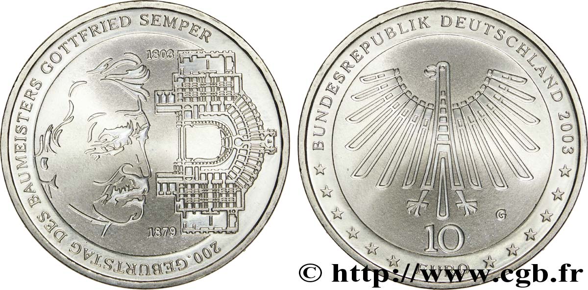 GERMANIA 10 Euro BICENTENAIRE DE L ARCHITECTE GOTTFRIED SEMPER tranche B 2003 MS63