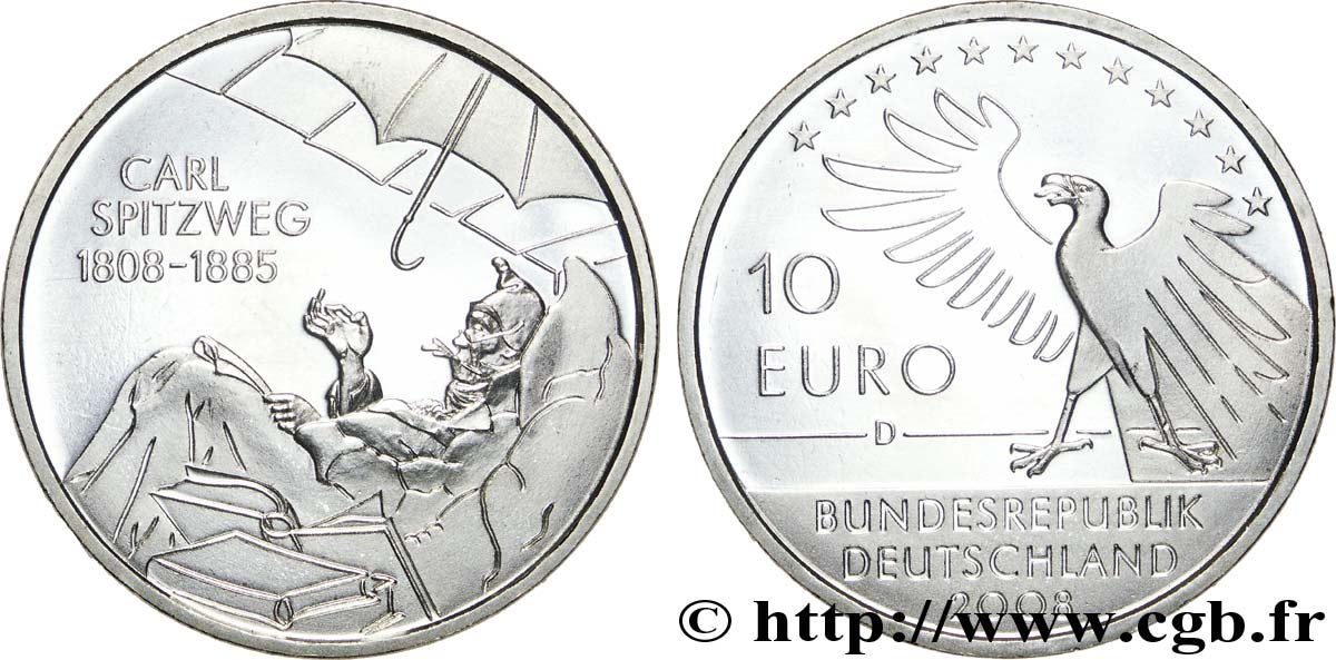 GERMANY 10 Euro BICENTENAIRE DE LA NAISSANCE DE CARL SPITZWEG 2008 MS