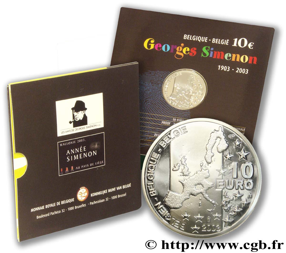 BELGIQUE Belle Épreuve 10 Euro CENTENAIRE DE LA NAISSANCE DE GEORGES SIMENON 2003 BE