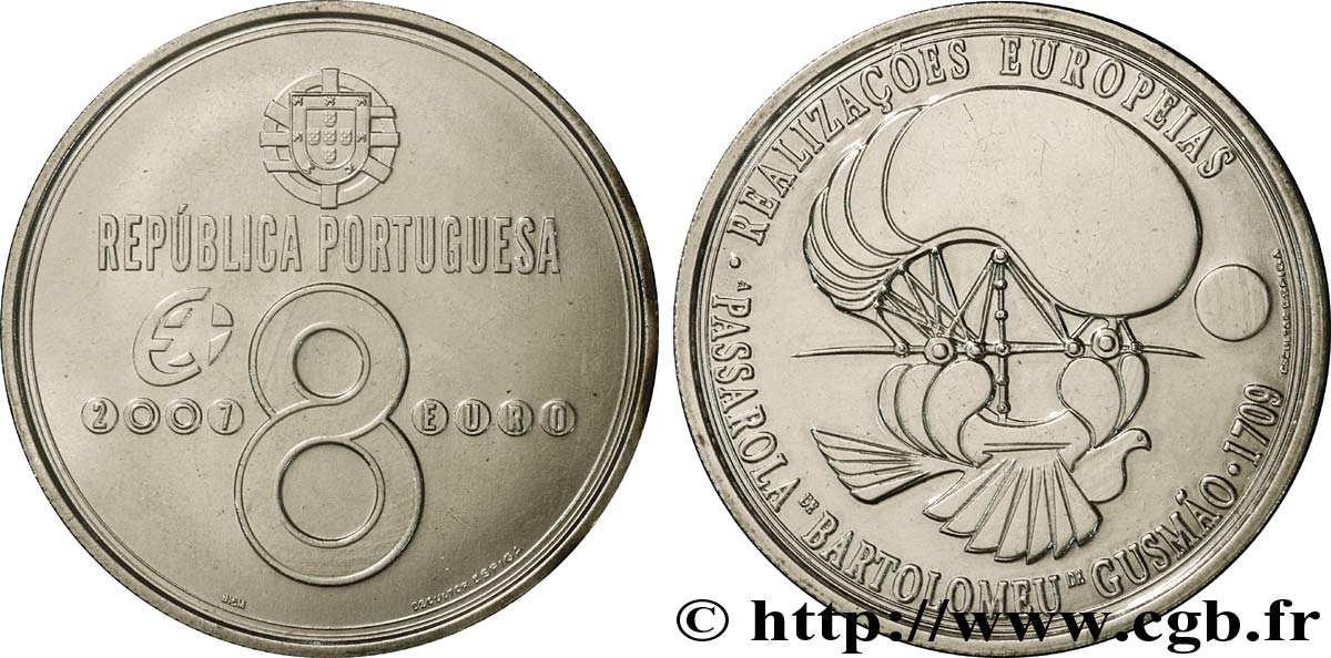 PORTOGALLO 8 Euro “PASSAROLA” DE BARTOLOMEU DE GUSMAO 2007 MS63