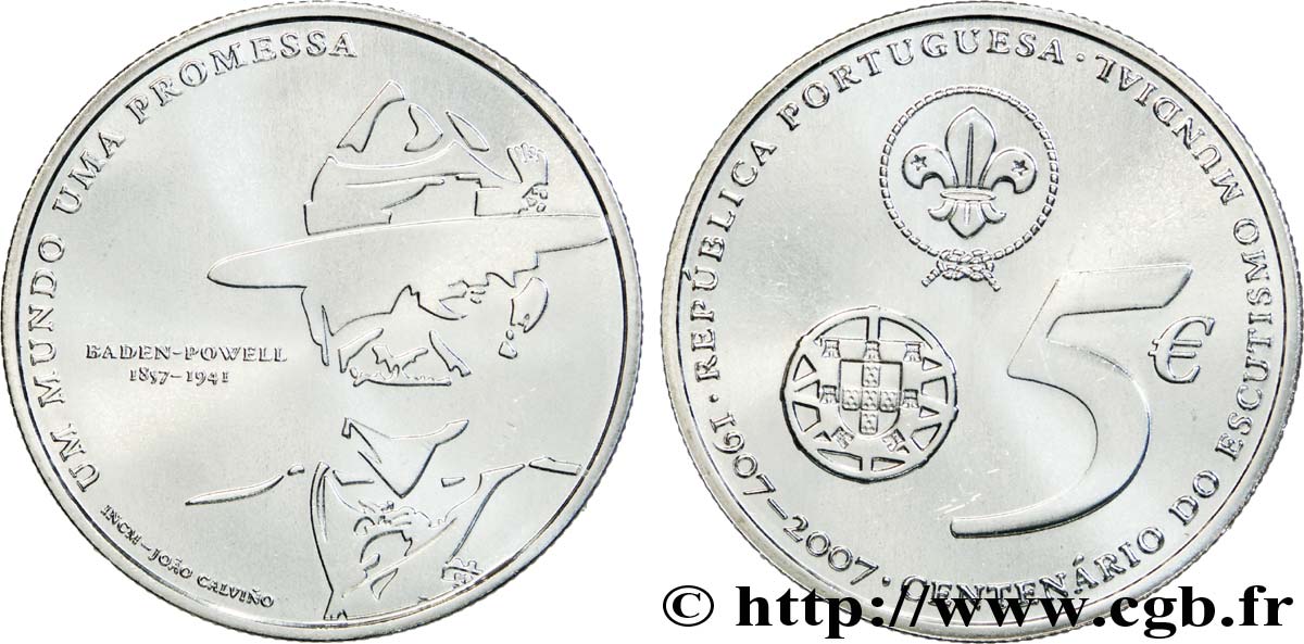 PORTUGAL 5 Euro CENTENAIRE DU SCOUTISME MONDIAL - BADEN POWELL 2007 MS63