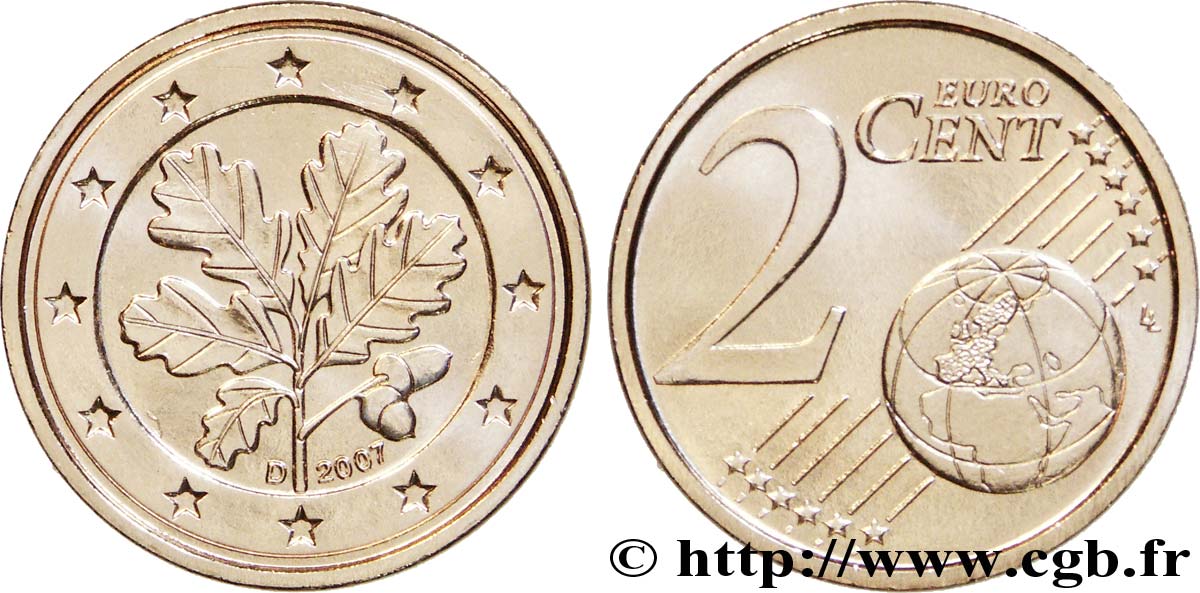 GERMANY 2 Cent RAMEAU DE CHÊNE - Munich D 2007 MS63