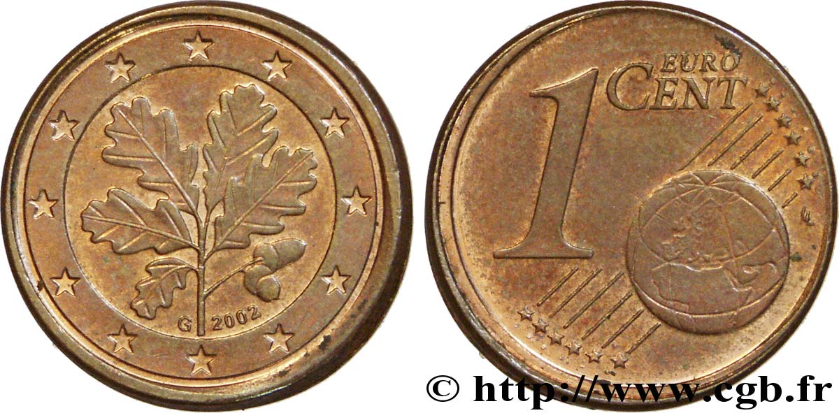 GERMANY 1 Cent rameau de chêne, tranche décalée 2002 AU58