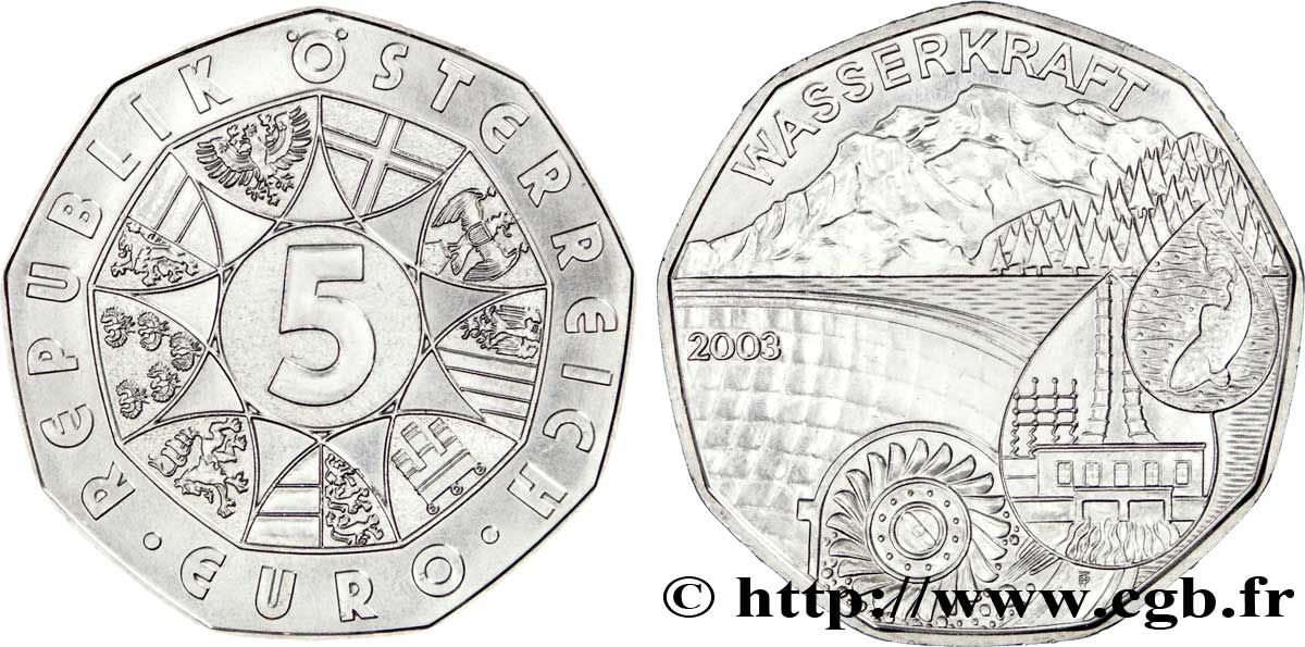 ÖSTERREICH 5 Euro ÉNERGIE HYDRAULIQUE 2003