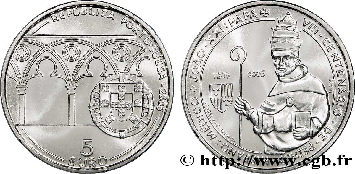 PORTUGAL 5 Euro 800ème ANNIVERSAIRE DE LA NAISSANCE DU PAPE JEAN XXI 2005 MS63