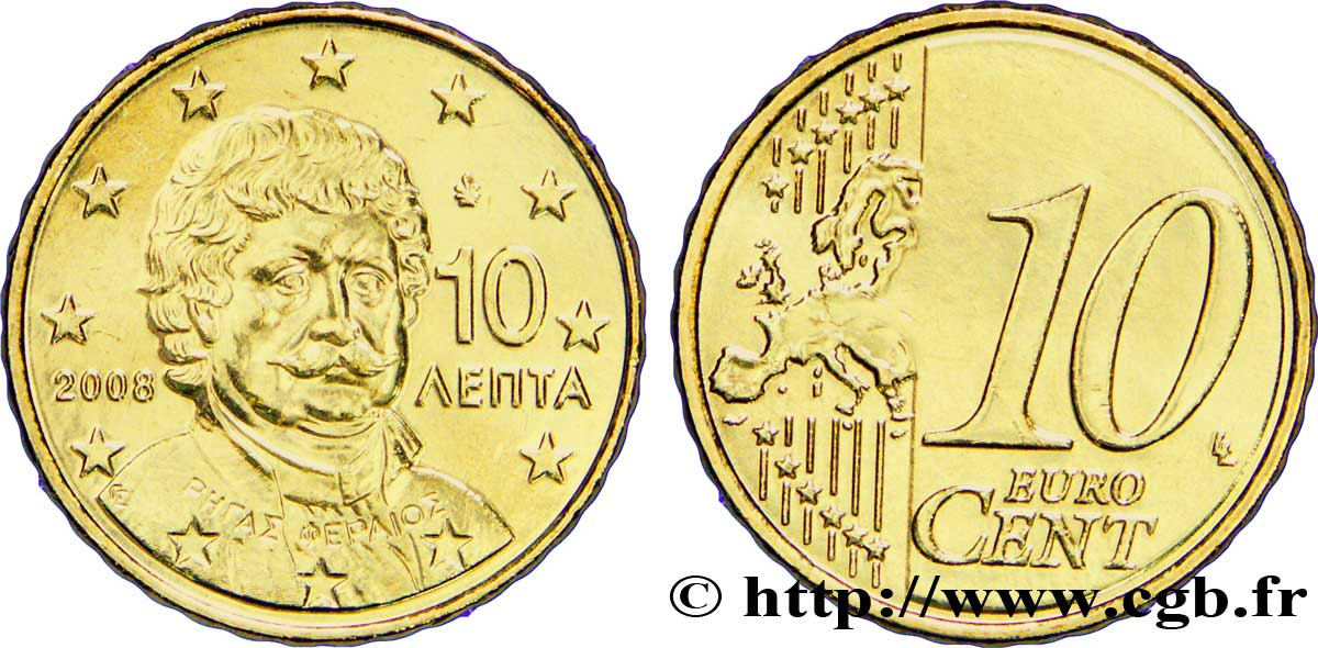 GRÈCE 10 Cent RIGAS VELESTINLIS-FERREOS 2008 SPL63