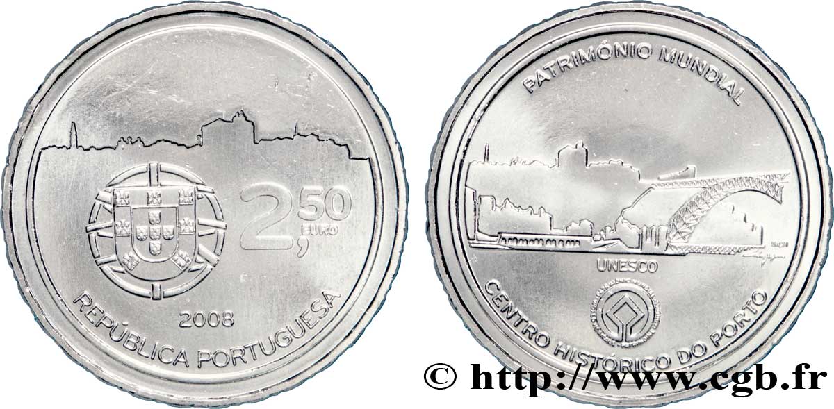 PORTUGAL 2 Euro 1/2 CENTRE HISTORIQUE DE PORTO 2008 MS63
