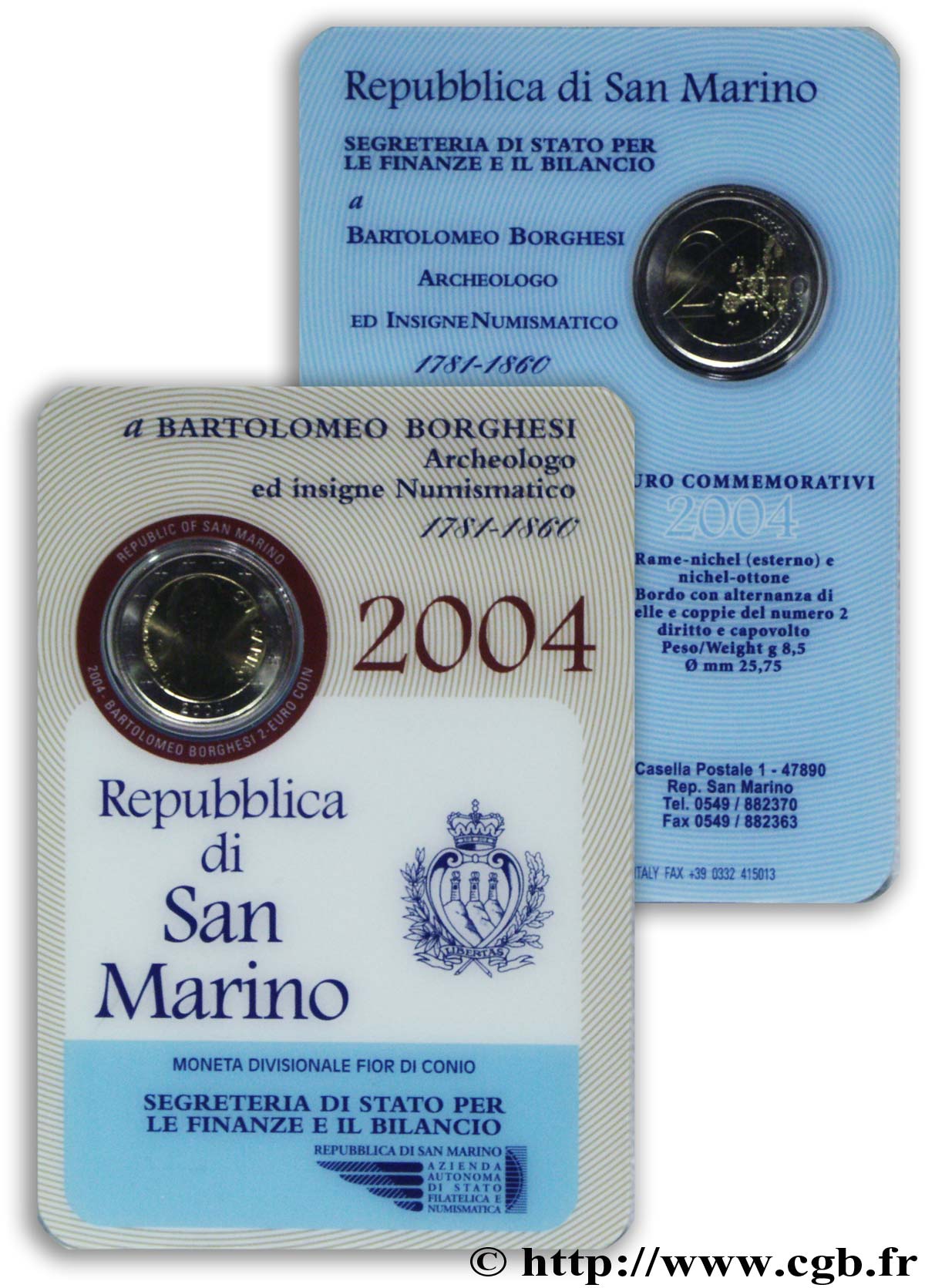 SAN MARINO 2 Euro BARTOLOMEO BORGHESI 2004 Brilliant Uncirculated