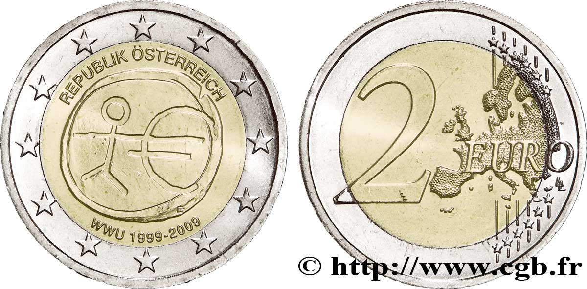 ÖSTERREICH 2 Euro 10ème ANNIVERSAIRE DE L’EURO tranche A 2009