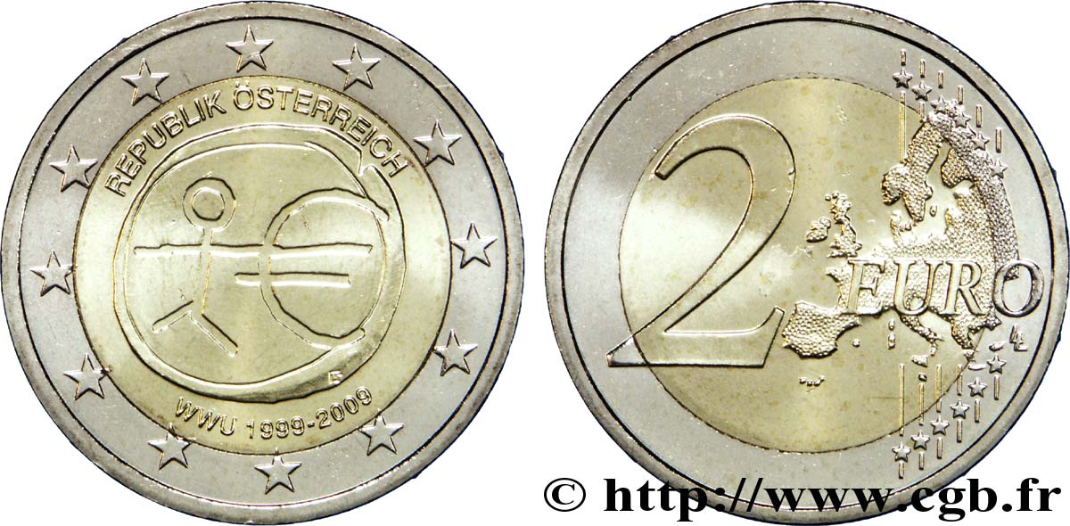AUSTRIA 2 Euro 10ème ANNIVERSAIRE DE L’EURO tranche B 2009 MS63