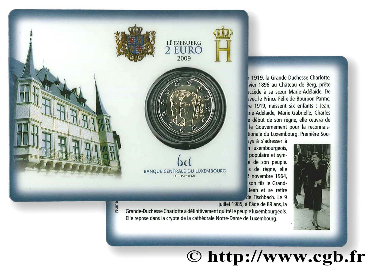 LUXEMBURGO Coin-Card 2 Euro 90ème ANNIVERSAIRE DE L AVÈNEMENT DE LA PRINCESSE CHARLOTTE 2009 BU