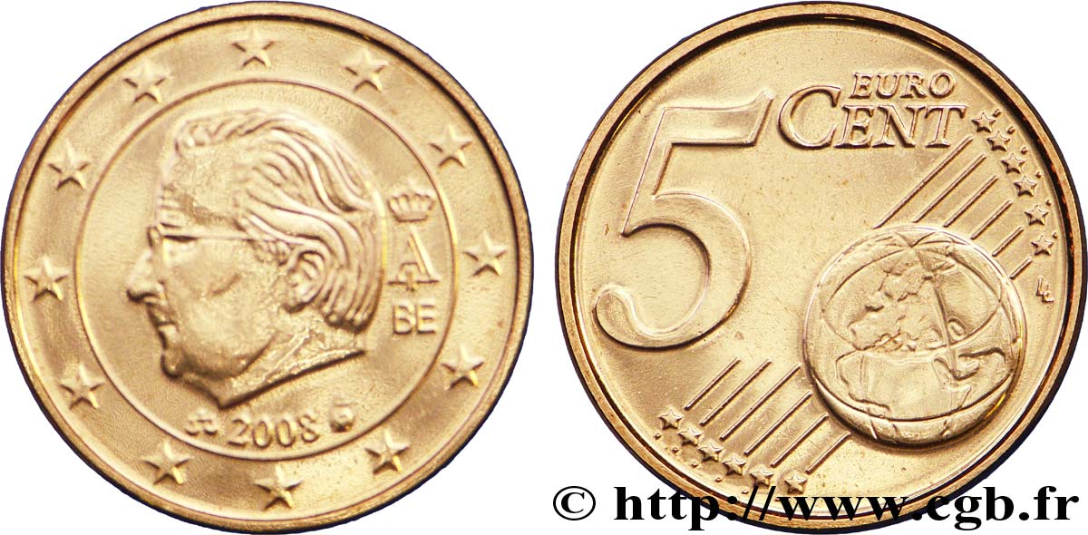 BELGIUM 5 Cent ALBERT II - second type 2008 MS63