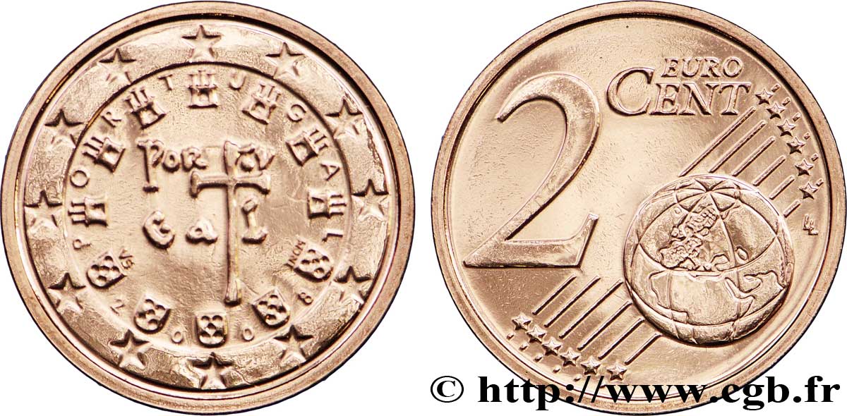 PORTUGAL 2 Cent SCEAU A LA CROIX(1134) 2008 MS63