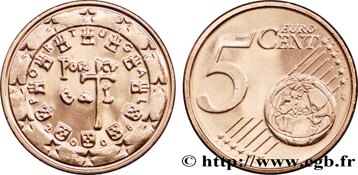 PORTUGAL 5 Cent SCEAU A LA CROIX(1134) 2008 MS63