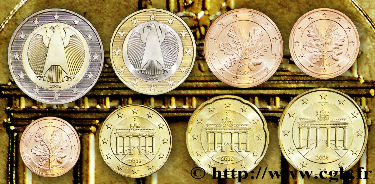 GERMANY LOT DE 8 PIÈCES EURO (1 Cent - 2 Euro Aigle héraldique) - Hambourg J 2008 MS63
