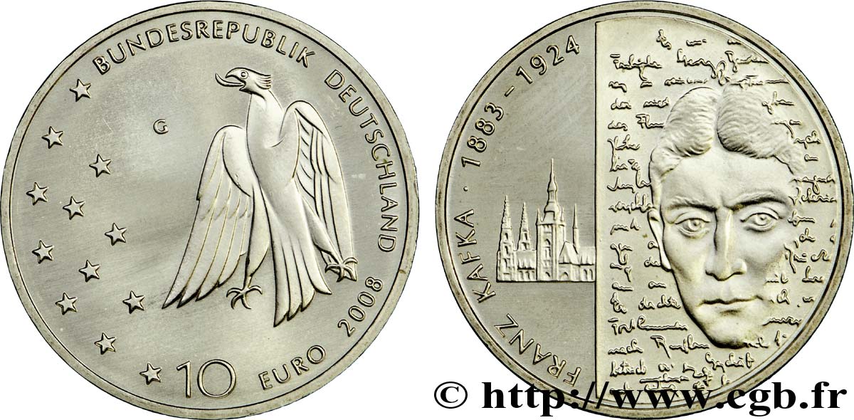 GERMANY 10 Euro 150ème ANNIVERSAIRE DE LA NAISSANCE DE FRANZ KAFKA tranche B 2008 MS63