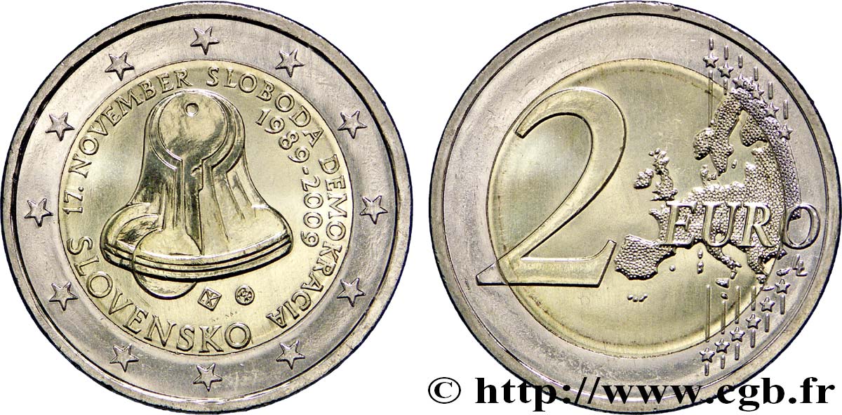 SLOVAKIA 2 Euro 20ème ANNIVERSAIRE DU 17 NOVEMBRE 1989 tranche B 2009 MS63