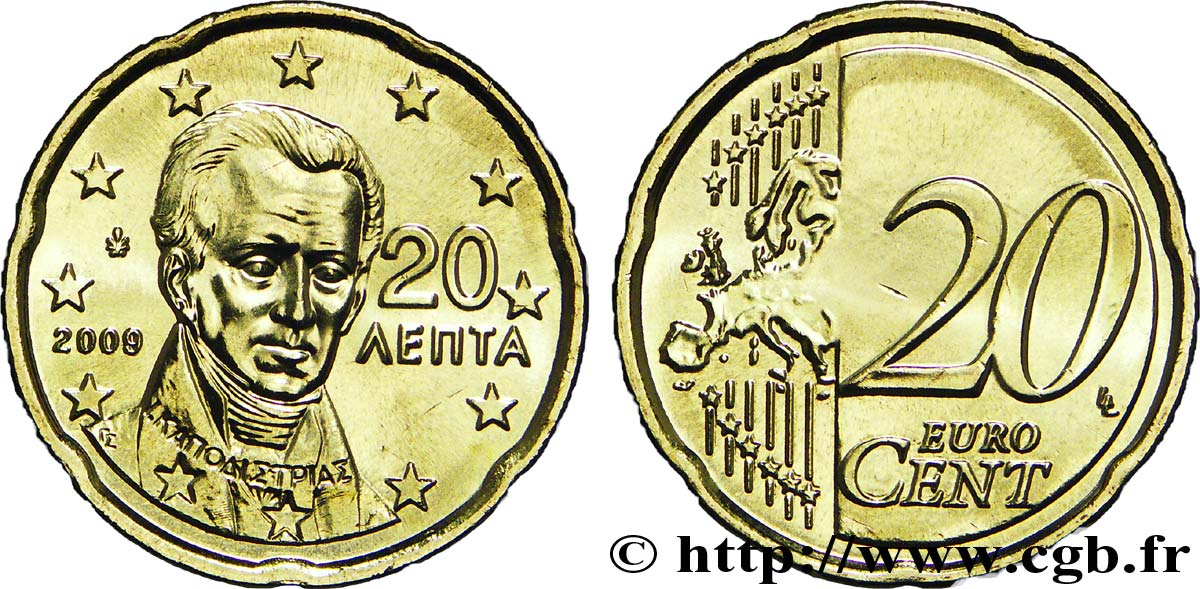 GREECE 20 Cent CAPODISTRIAS 2009 MS63