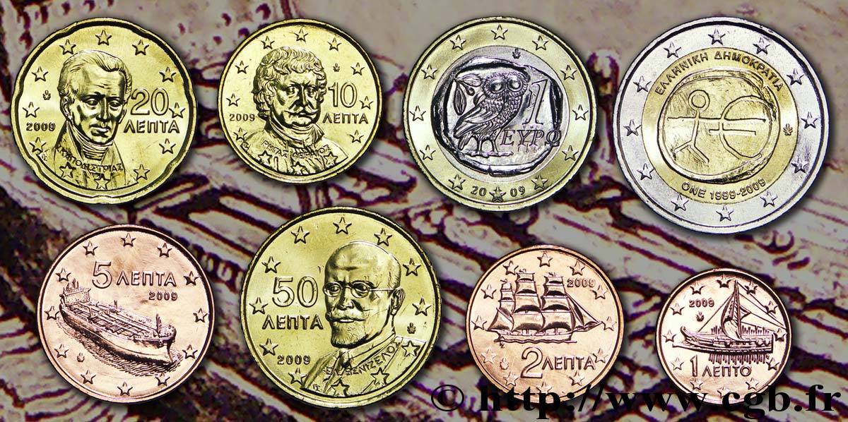 GREECE LOT DE 8 PIÈCES EURO (1 Cent - 2 Euro 10 ans de l’Euro) 2009 MS63