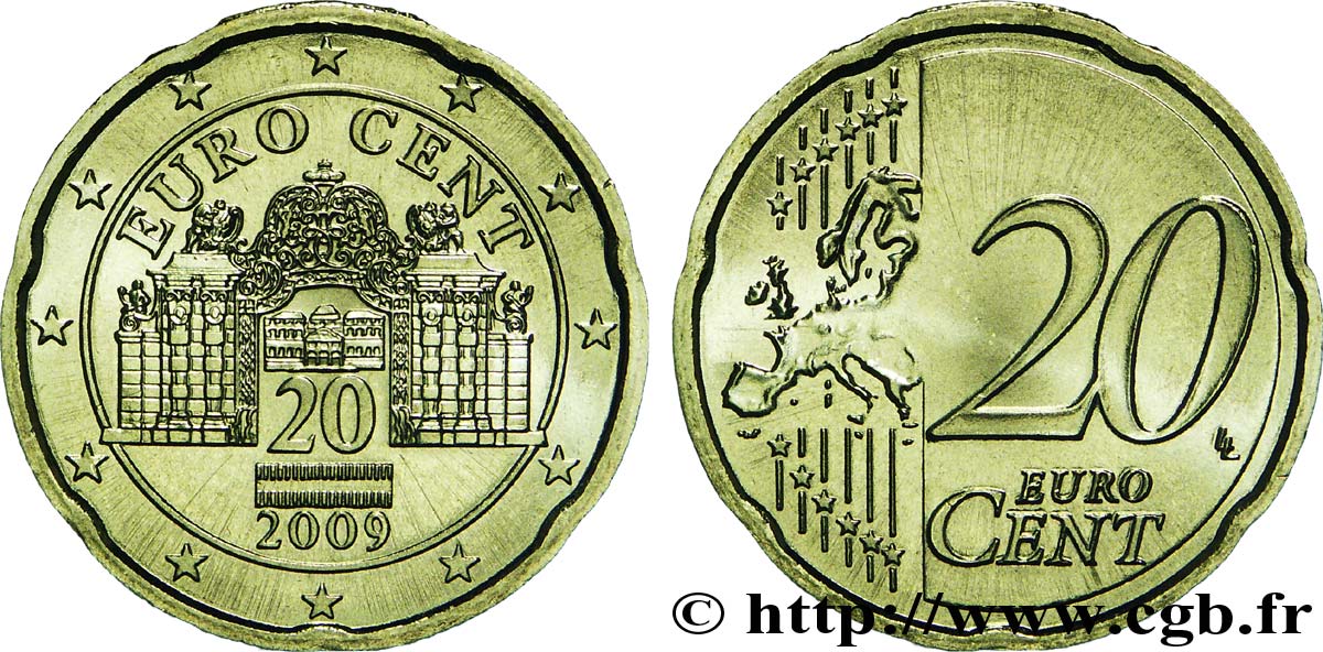 AUSTRIA 20 Cent BELVÉDÈRE 2009 MS63