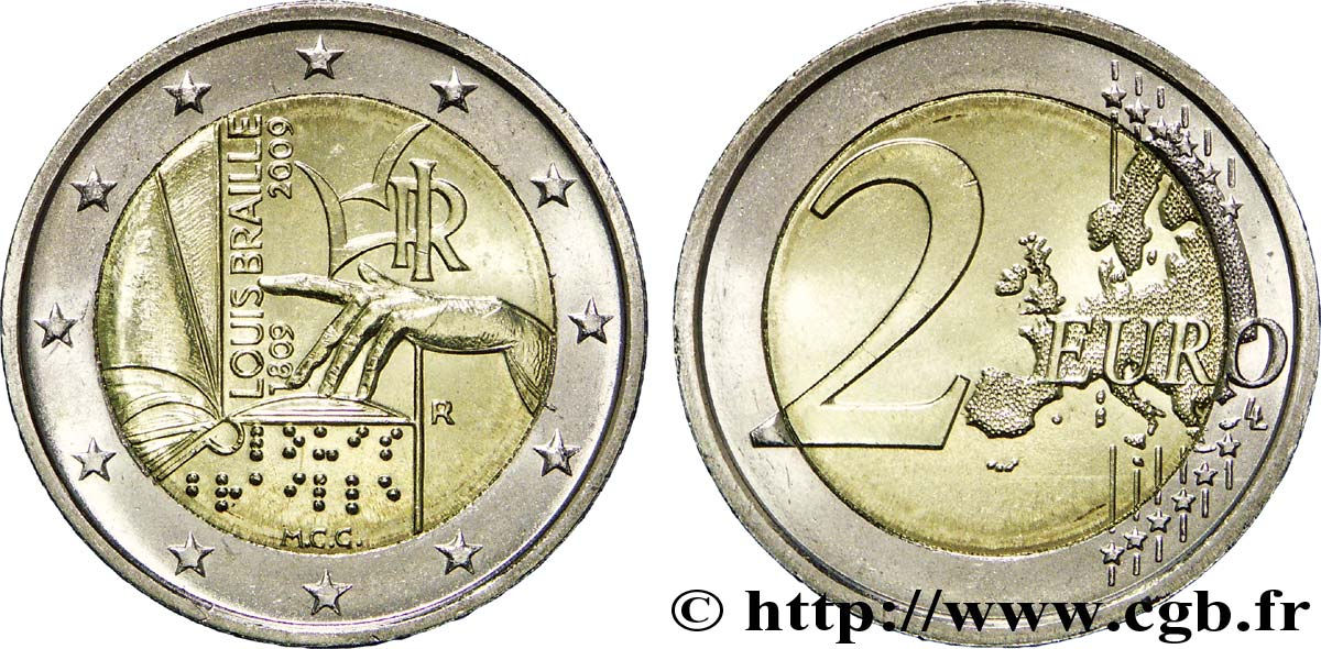 ITALIE 2 Euro BICENTENAIRE DE LA NAISSANCE DE LOUIS BRAILLE 2009 SPL