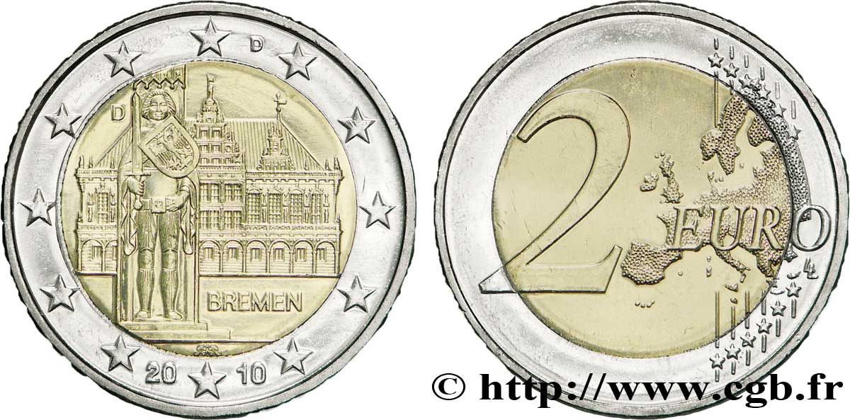 GERMANIA 2 Euro BRÊME - HÔTEL DE VILLE ET STATUE DE ROLAND - Munich D 2010 MS